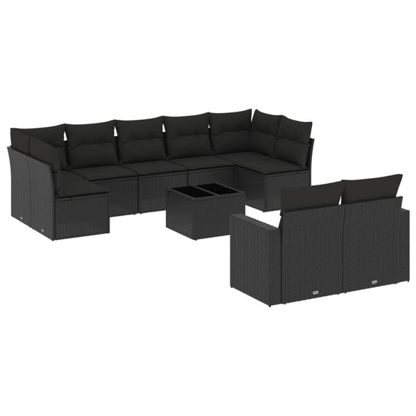 vidaXL 10 pcs conjunto sof&aacute;s de jardim c/ almofad&otilde;es vime PE preto