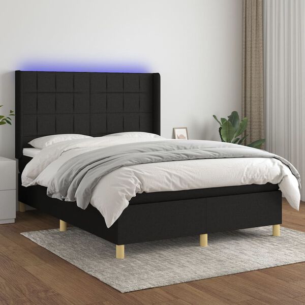 vidaXL Cama box spring c/ colch&atilde;o e LED 140x190 cm tecido preto
