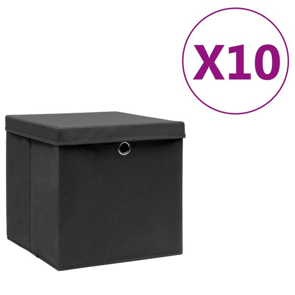 vidaXL Caixas de arruma&ccedil;&atilde;o com tampas 10 pcs 28x28x28 cm preto