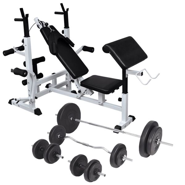 vidaXL Banco muscula&ccedil;&atilde;o c/ suporte p/ pesos + barras e halteres 90 kg
