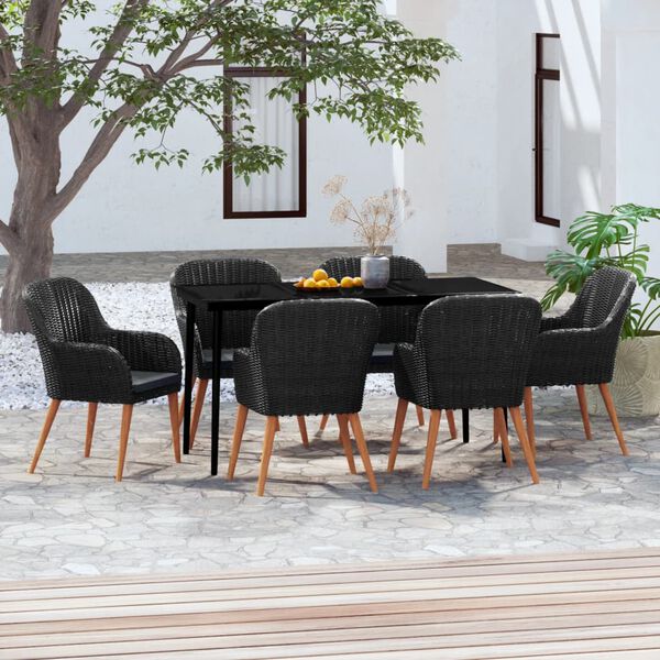 vidaXL 7 pcs conjunto de jantar para jardim com almofadões preto