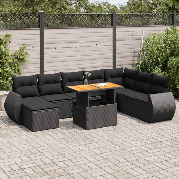 vidaXL 9 pcs conjunto de sof&aacute;s p/ jardim c/ almofad&otilde;es vime PE preto