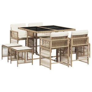 vidaXL 9 pcs conjunto de jantar p/ jardim com almofad&otilde;es vime PE bege