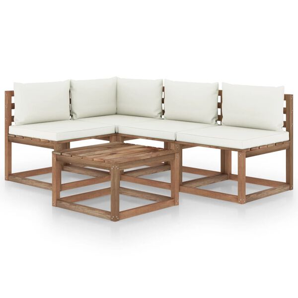 vidaXL 5 pcs conjunto lounge de jardim c/ almofad&otilde;es cor creme