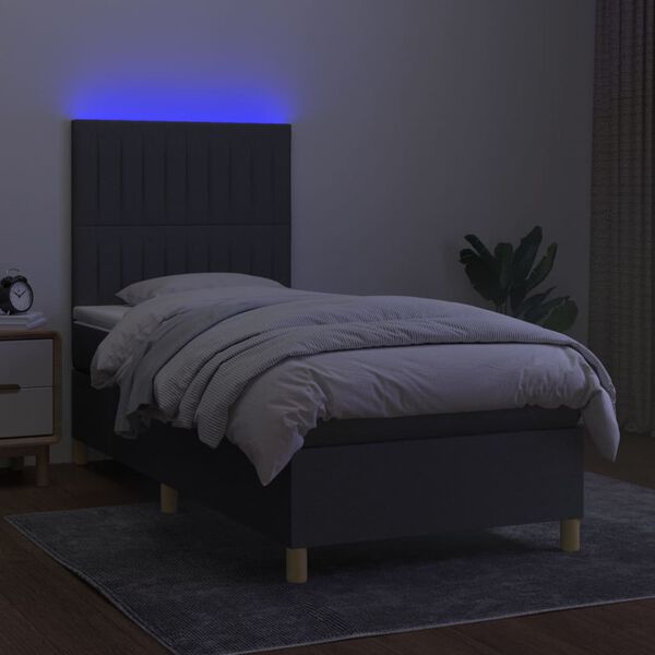 vidaXL Cama box spring c/ colch&atilde;o e LED 90x190 cm tecido cinza-escuro