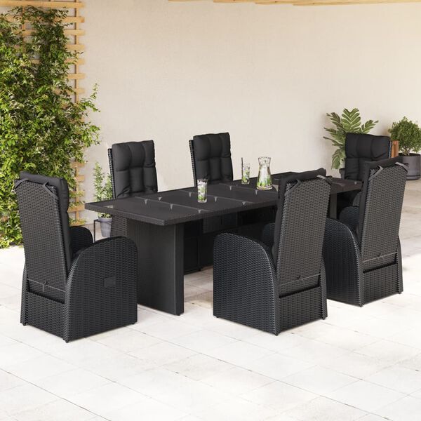 vidaXL 7 pcs conjunto de jantar p/ jardim c/ almofad&otilde;es vime PE preto