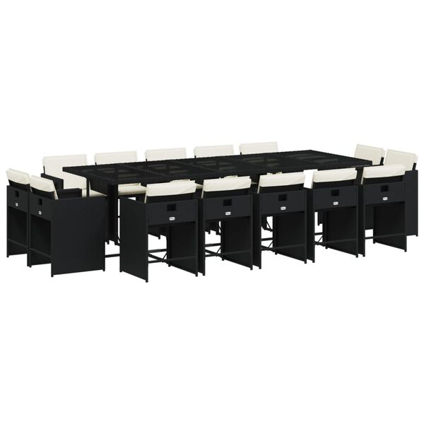 vidaXL 15 pcs conjunto de jantar p/jardim com almofad&otilde;es vime PE preto