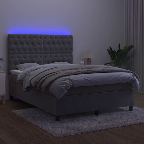 vidaXL Cama box spring c/ colch&atilde;o/LED 140x190 cm veludo cinzento
