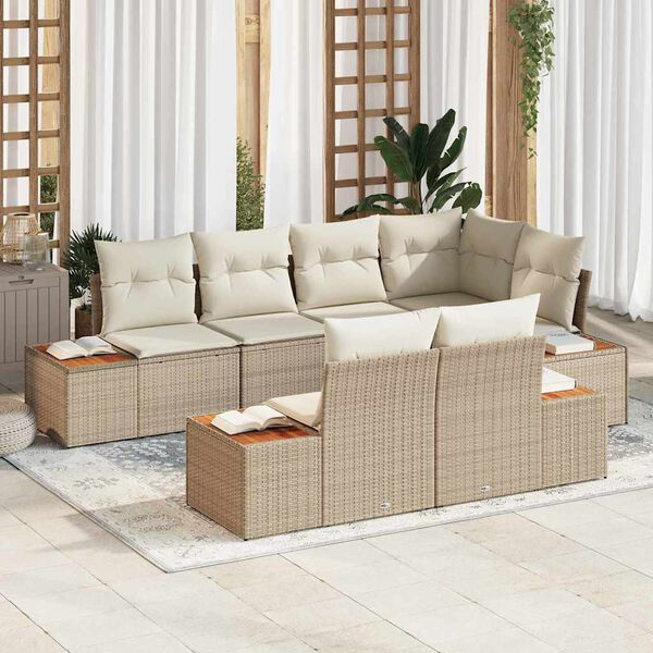 vidaXL Conjunto de Sof&aacute; de Jardim 7 pcs Bege e Creme Polirattan