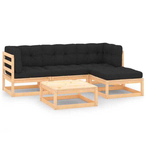 vidaXL 5 pcs conjunto lounge de jardim c/ almofadões pinho maciço