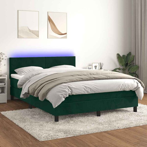 vidaXL Cama box spring c/ colch&atilde;o/LED 140x190 cm veludo verde-escuro