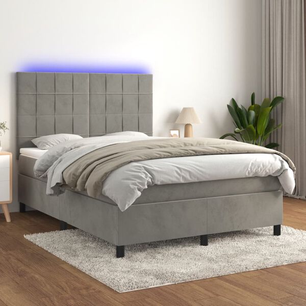 vidaXL Cama box spring c/ colch&atilde;o/LED 140x200 cm veludo cinzento-claro