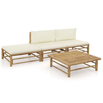 vidaXL 4 pcs conj. lounge p/ jardim em bambu c/ almofadões branco nata