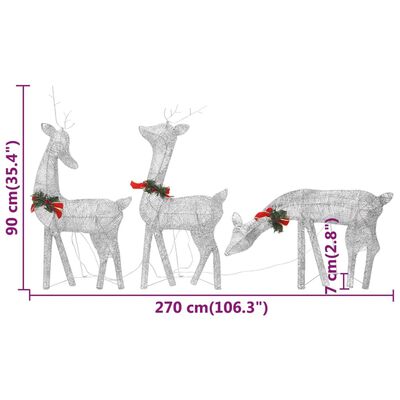 vidaXL Família de renas de Natal 270x7x90 malha branco prateado