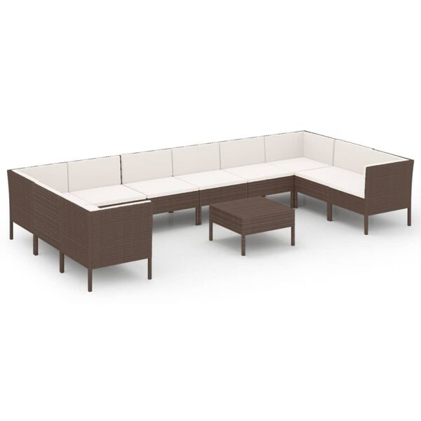 vidaXL 11 pcs conjunto lounge jardim c/ almofad&otilde;es vime PE castanho
