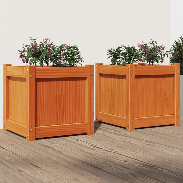 vidaXL Vasos/floreiras de jardim 2 pcs pinho maci&ccedil;o castanho cera