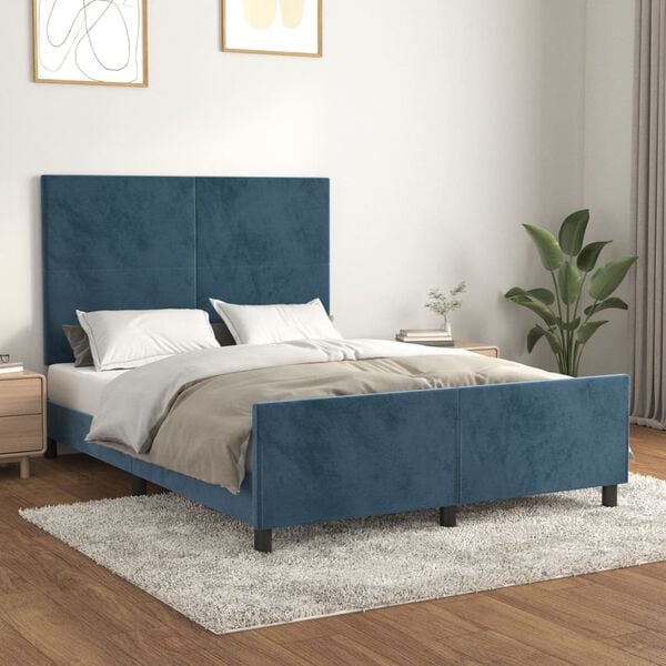 vidaXL Estrutura de cama sem colch&atilde;o 140x200 cm veludo azul-escuro