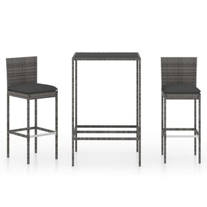 vidaXL 3 pcs conjunto de bar p/ jardim c/ almofad&otilde;es vime PE cinzento