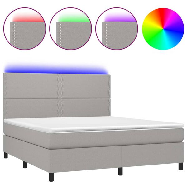 vidaXL Cama box spring c/ colch&atilde;o e LED 180x200 cm tecido cinza-claro