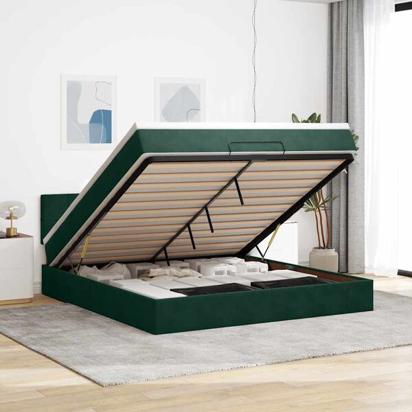 vidaXL Estrutura de cama otomana com colch&atilde;o 180x200 cm verde escuro