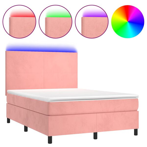 vidaXL Cama box spring c/ colch&atilde;o/LED 140x200 cm veludo rosa