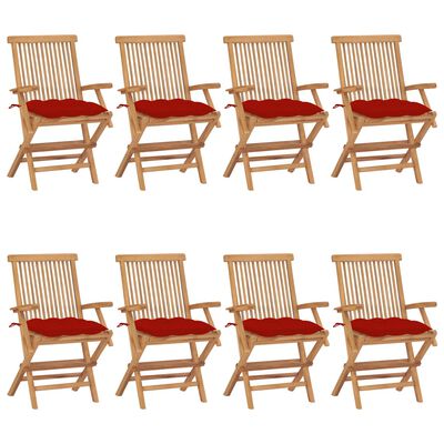 vidaXL Cadeiras de jardim c/ almofadões vermelhos 8 pcs teca maciça