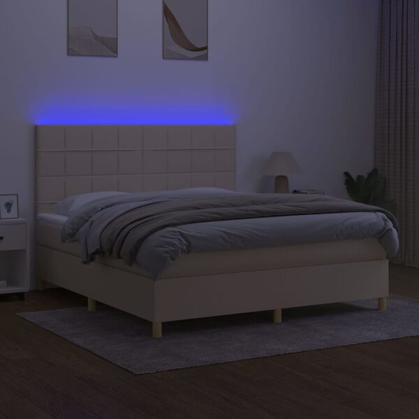 vidaXL Cama box spring c/ colch&atilde;o e LED 180x200 cm tecido cor creme