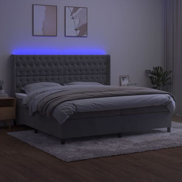 vidaXL Cama box spring c/ colch&atilde;o/LED 200x200 cm veludo cinzento-claro