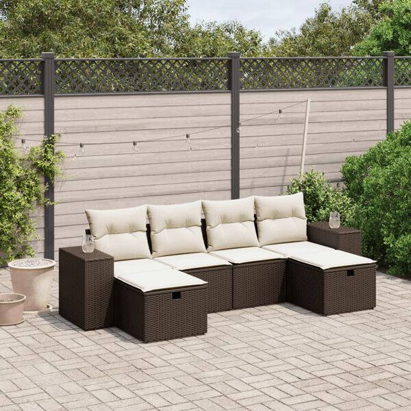 vidaXL 6 pcs conjunto de sof&aacute;s jardim c/ almofad&otilde;es vime PE castanho