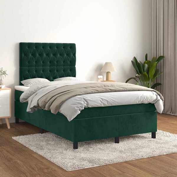 vidaXL Cama boxspring com colch&atilde;o 120x200 cm veludo verde-escuro
