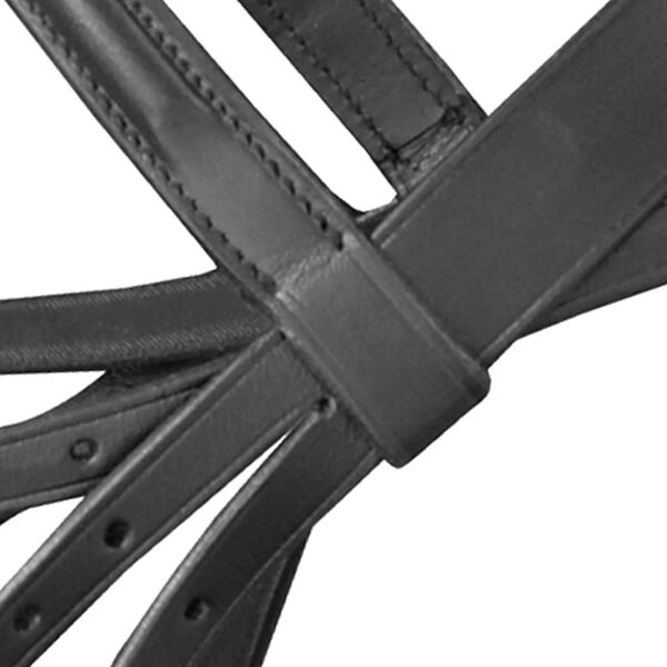 Cabe&ccedil;ada de couro com r&eacute;deas e brida, p&oacute;nei, preto