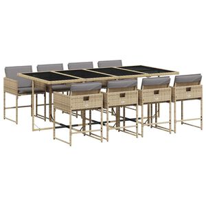 vidaXL 9 pcs conj. jantar jardim c/ almofad&otilde;es vime PE bege misturado