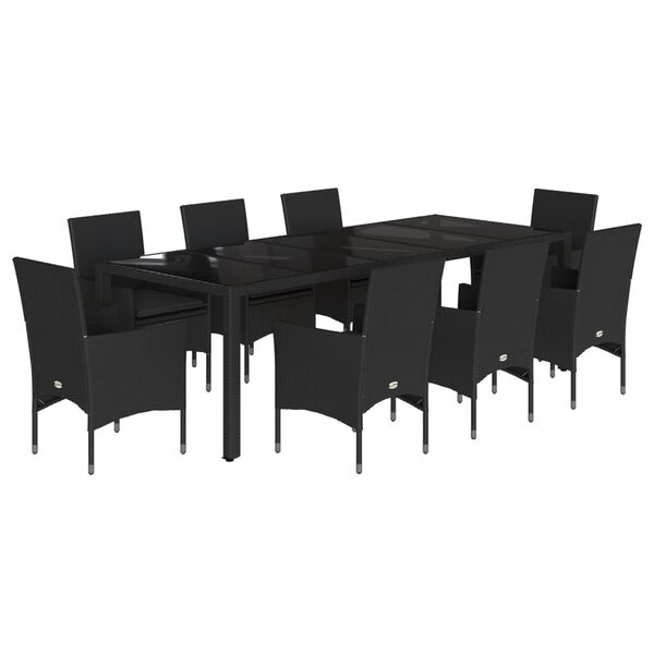 vidaXL 9 pcs conjunto jantar jardim c/ almofad&otilde;es vime PE/vidro preto