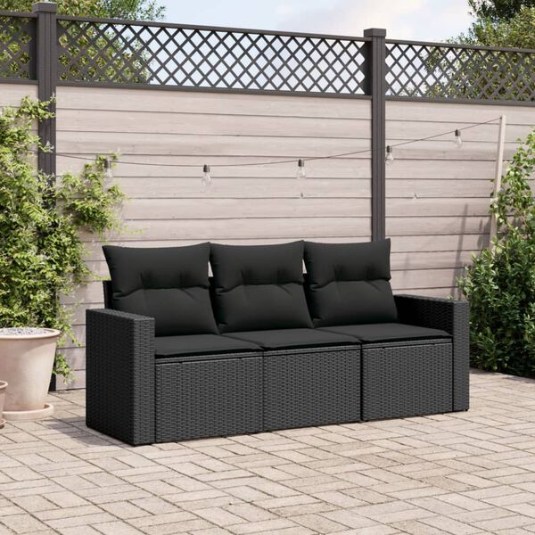 vidaXL 3 pcs conjunto sof&aacute;s de jardim com almofad&otilde;es vime PE preto