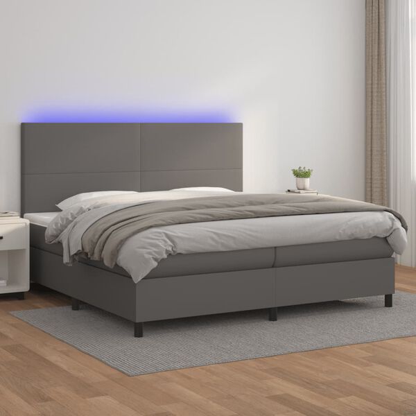 vidaXL Cama box spring c/ colch&atilde;o/LED 200x200cm couro artificial cinza