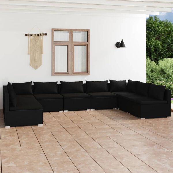 vidaXL 9 pcs conjunto lounge de jardim c/ almofad&otilde;es vime PE preto