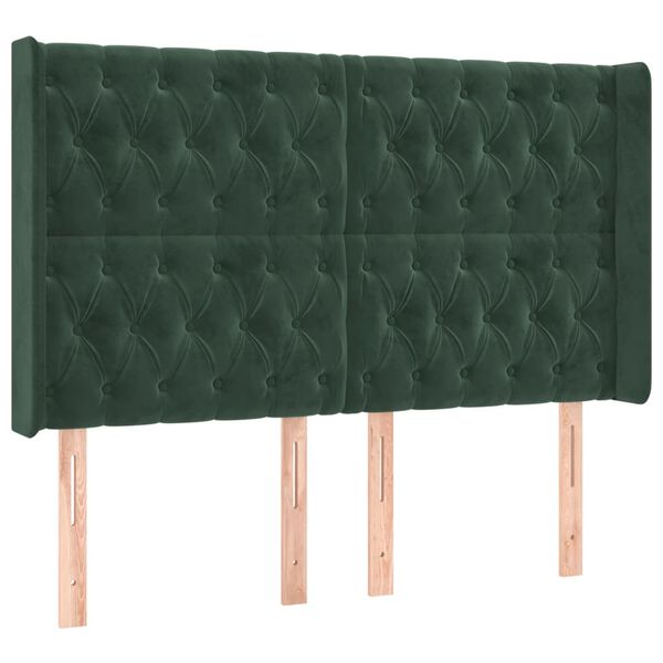 vidaXL Cabeceira cama c/ abas veludo 163x16x118/128 cm verde-escuro