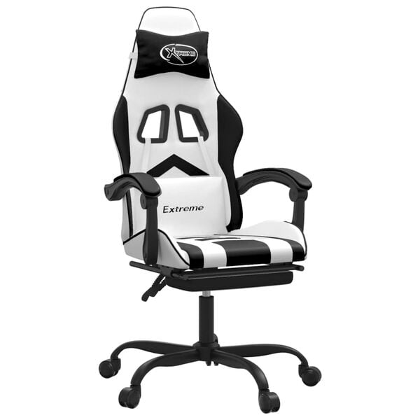 vidaXL Cadeira gaming c/ apoio p/ p&eacute;s couro artificial preto e branco