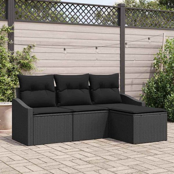 vidaXL Conjunto de Sof&aacute;s com almofada 4 pcs Preto vime PE