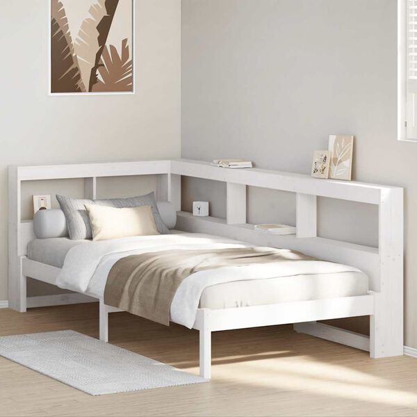 vidaXL Cama com estante sem colch&atilde;o 100x200 cm pinho maci&ccedil;o branco