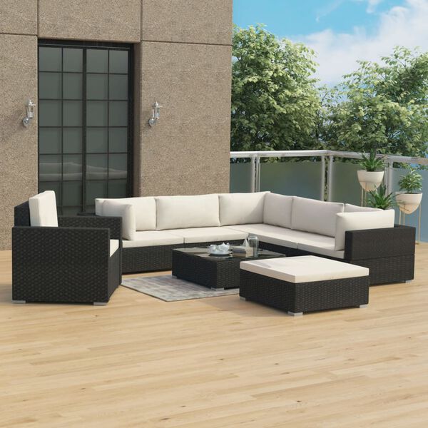 vidaXL 8 pcs conjunto lounge de jardim c/ almofadões vime PE preto