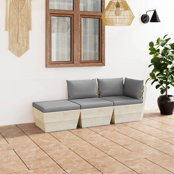 vidaXL 3 pcs conjunto lounge de paletes + almofad&otilde;es madeira de abeto
