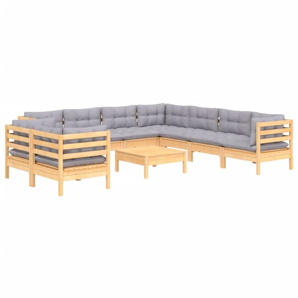 vidaXL 10pcs conjunto lounge de jardim + almofad&otilde;es cinza pinho maci&ccedil;o