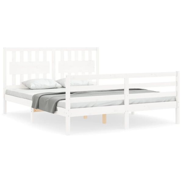 vidaXL Estrutura de cama King Size com cabeceira madeira maci&ccedil;a branco