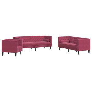 vidaXL 3 pcs conj. sof&aacute;s chesterfield com rolos veludo vermelho-tinto