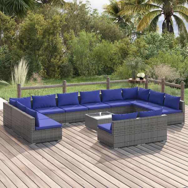 vidaXL 13 pcs conjunto lounge de jardim c/ almofad&otilde;es vime PE cinzento