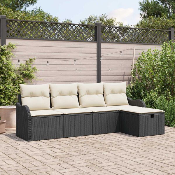 vidaXL Conjunto de Sof&aacute; de Jardim 5 pcs Preto e creme Rattan Sint&eacute;tico