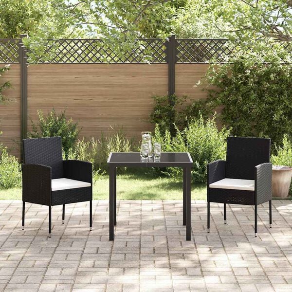 vidaXL Conjunto de Jantar para Jardim com almofada 3 pcs Preto vime PE