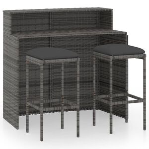 vidaXL 3 pcs conjunto de bar para jardim com almofad&otilde;es cinzento