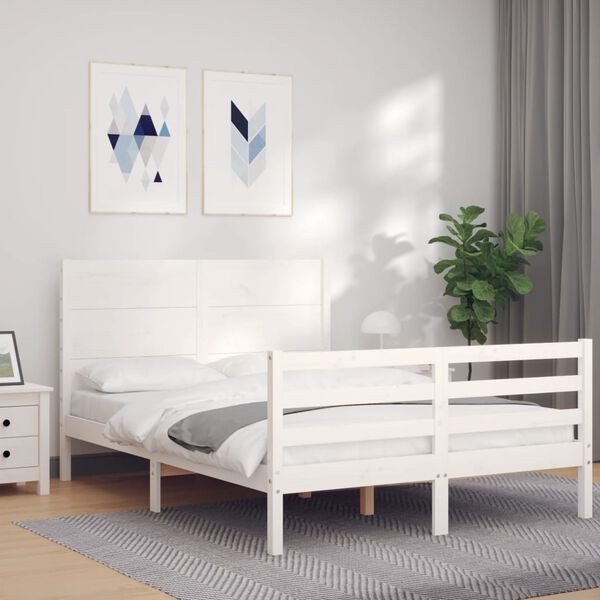 vidaXL Estrutura de cama com cabeceira 140x190cm madeira maciça branco